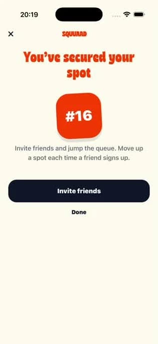 the squuaad waitlist screen showing queue position sixteen